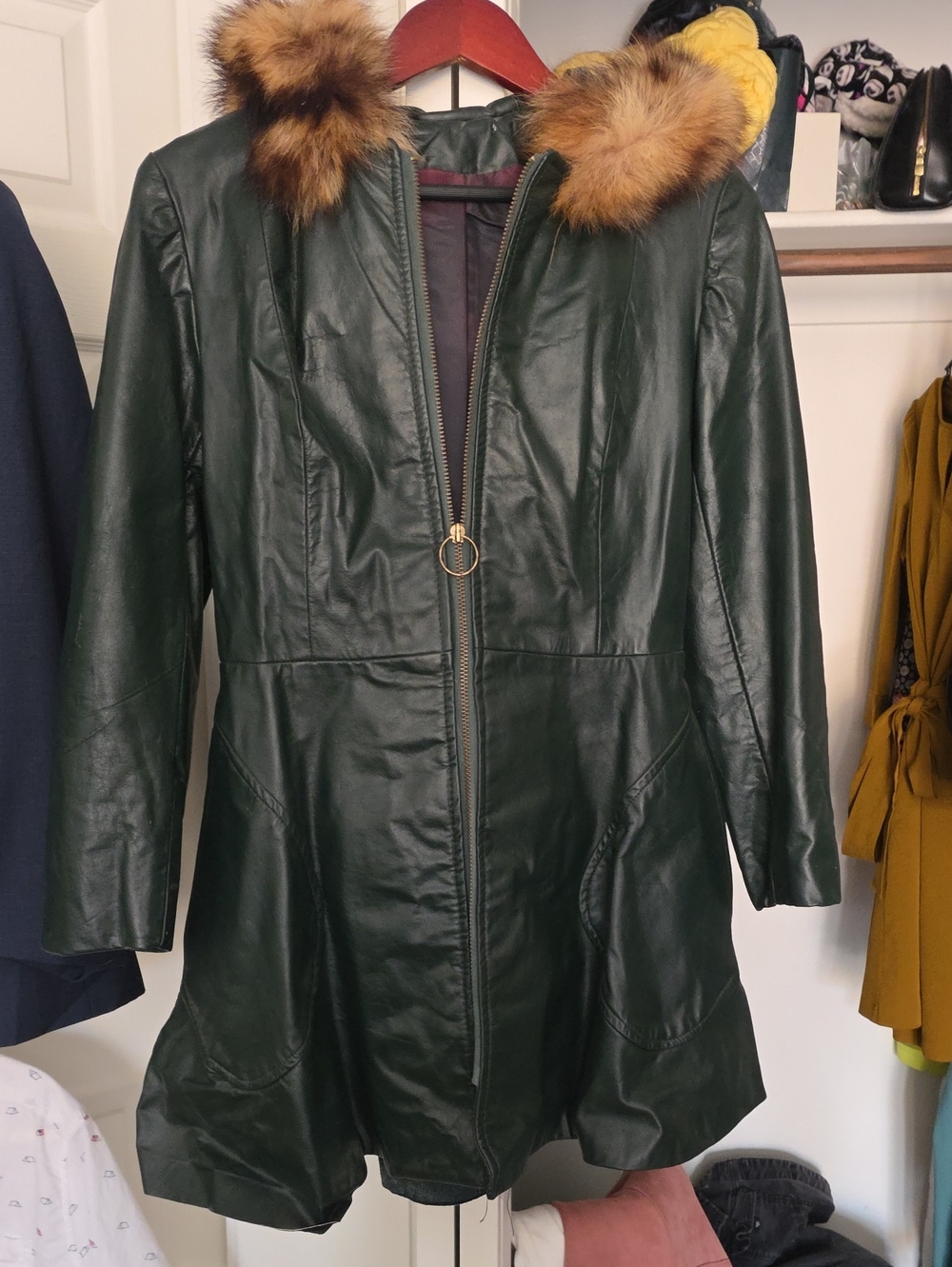 Vintage Dark Green Faux Leather Coat with Fur-Trim Hood
